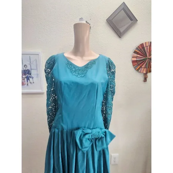 Vintage 80s Evening Dress Medium Teal Modest Full Skirt - Picture 2 of 7